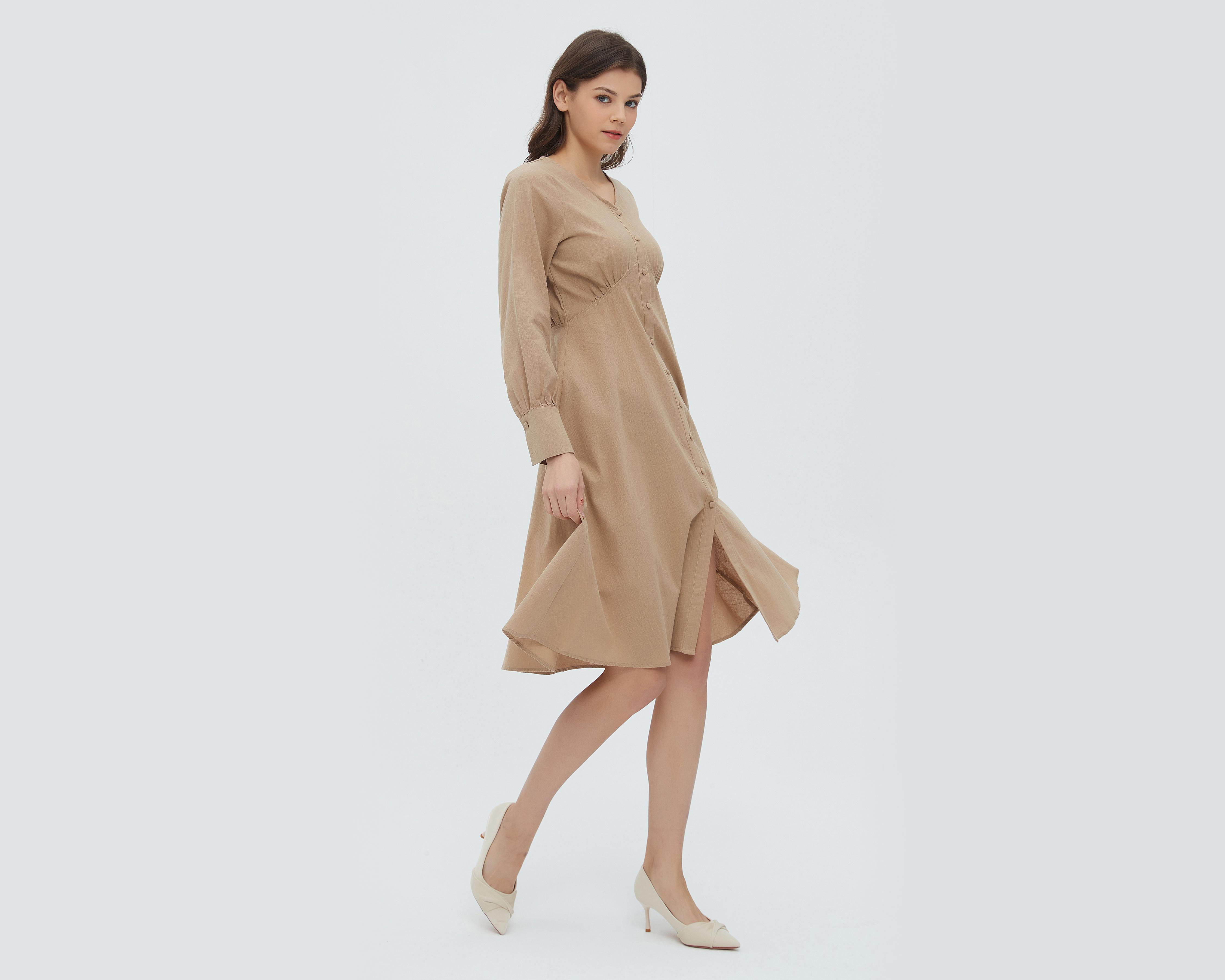 Foto 4 pulgar | Vestido Sahara Casual Caqui con Manga Larga