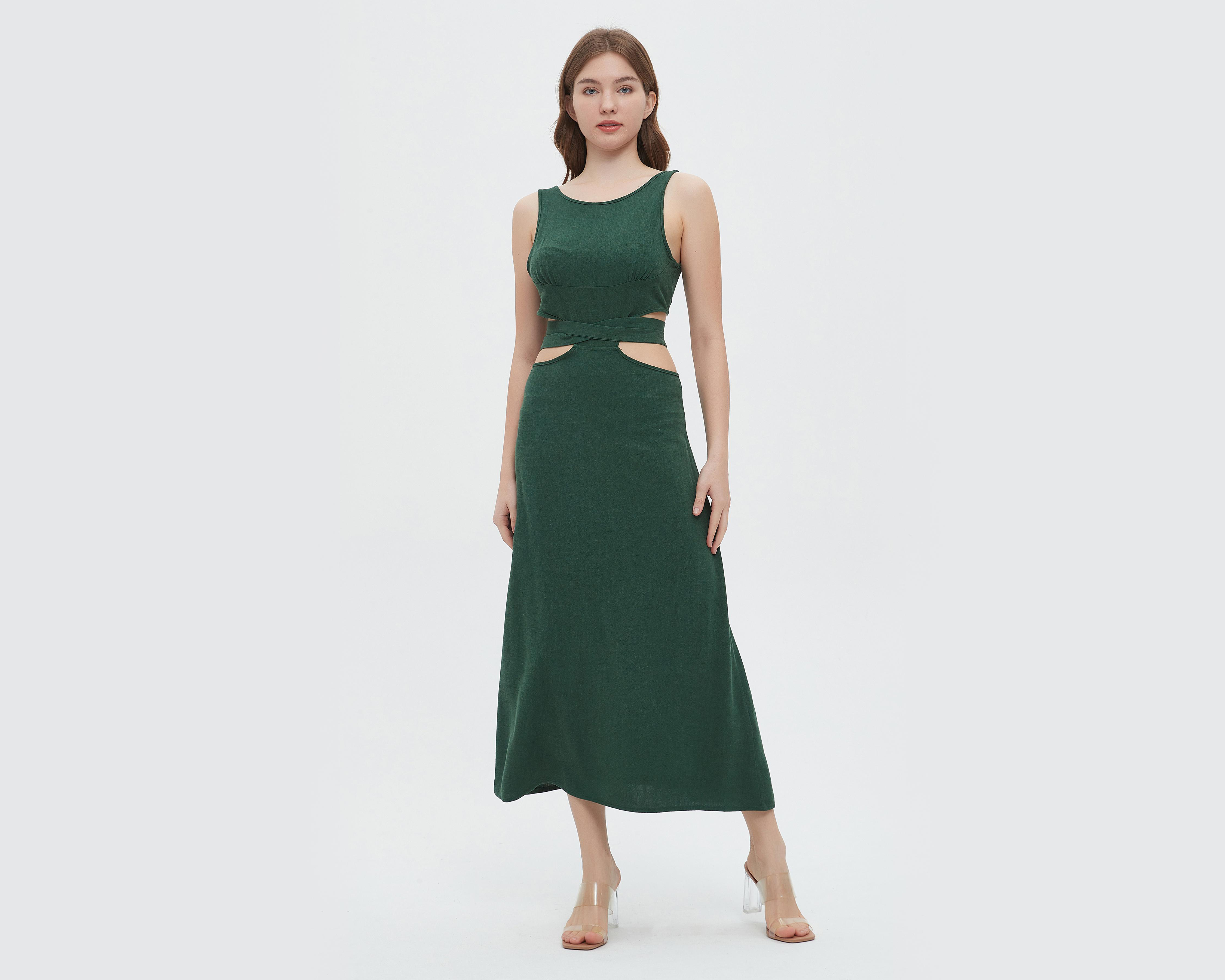 Foto 2 pulgar | Vestido Sahara Casual Verde con Aberturas