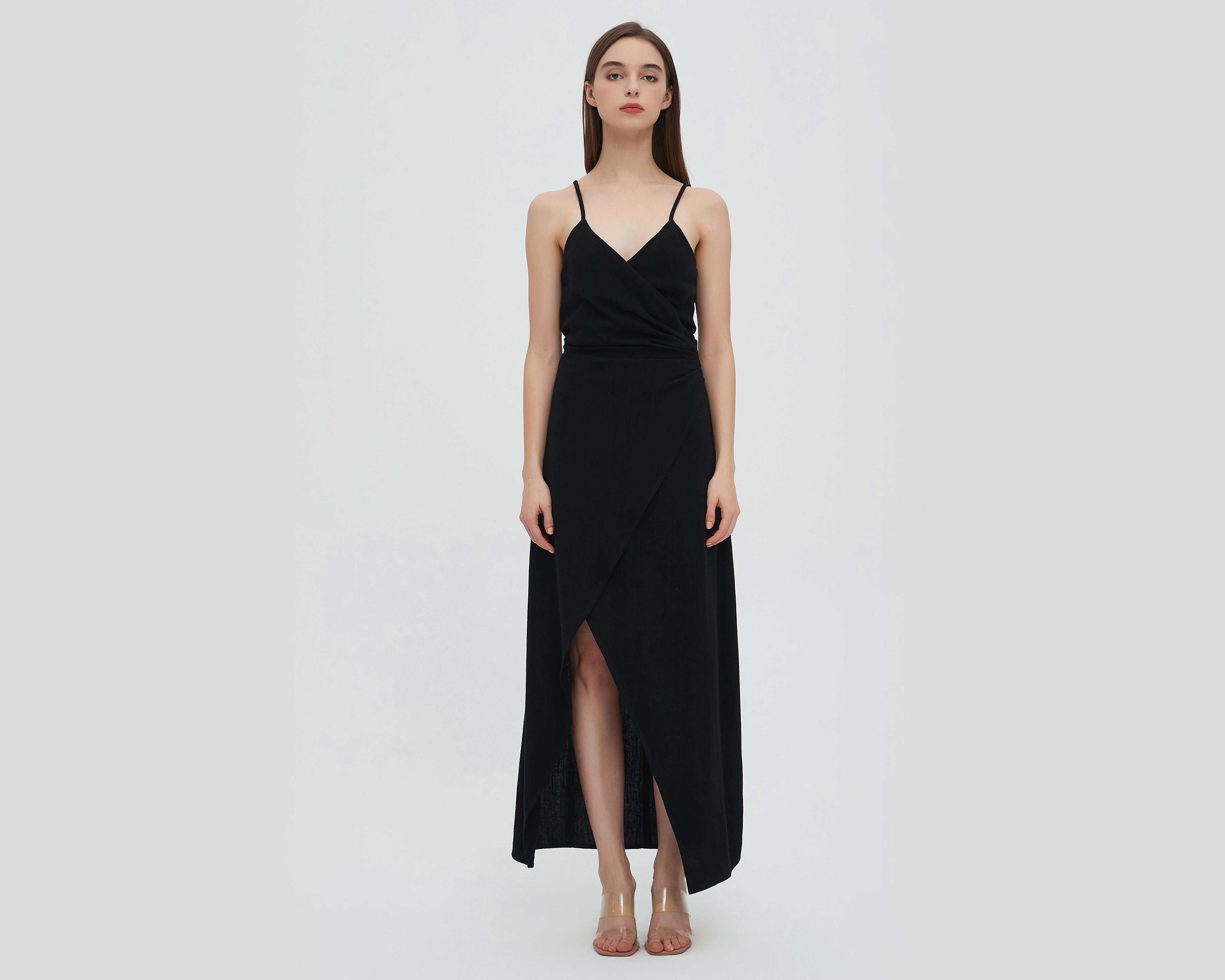 Vestido Sahara Casual Negro de Tirantes con Escote Cruzado