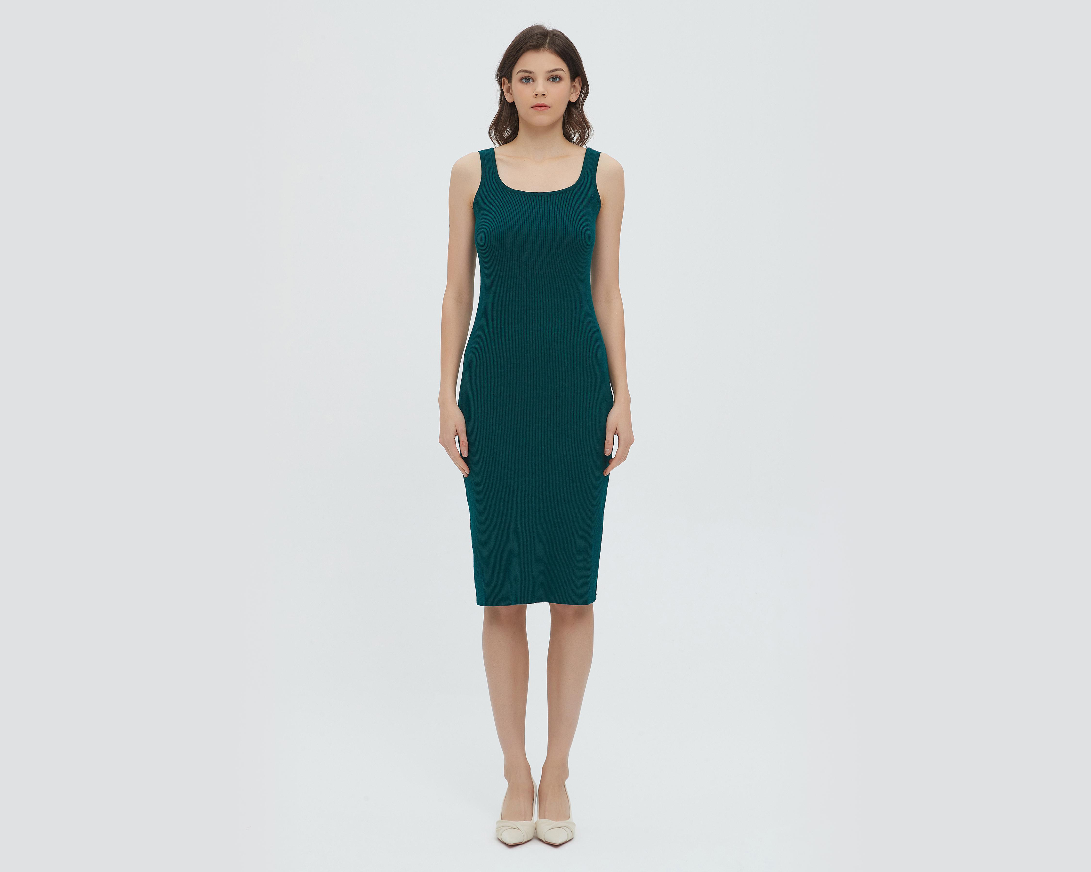 Vestido Sahara Casual Verde sin Manga con Abertura