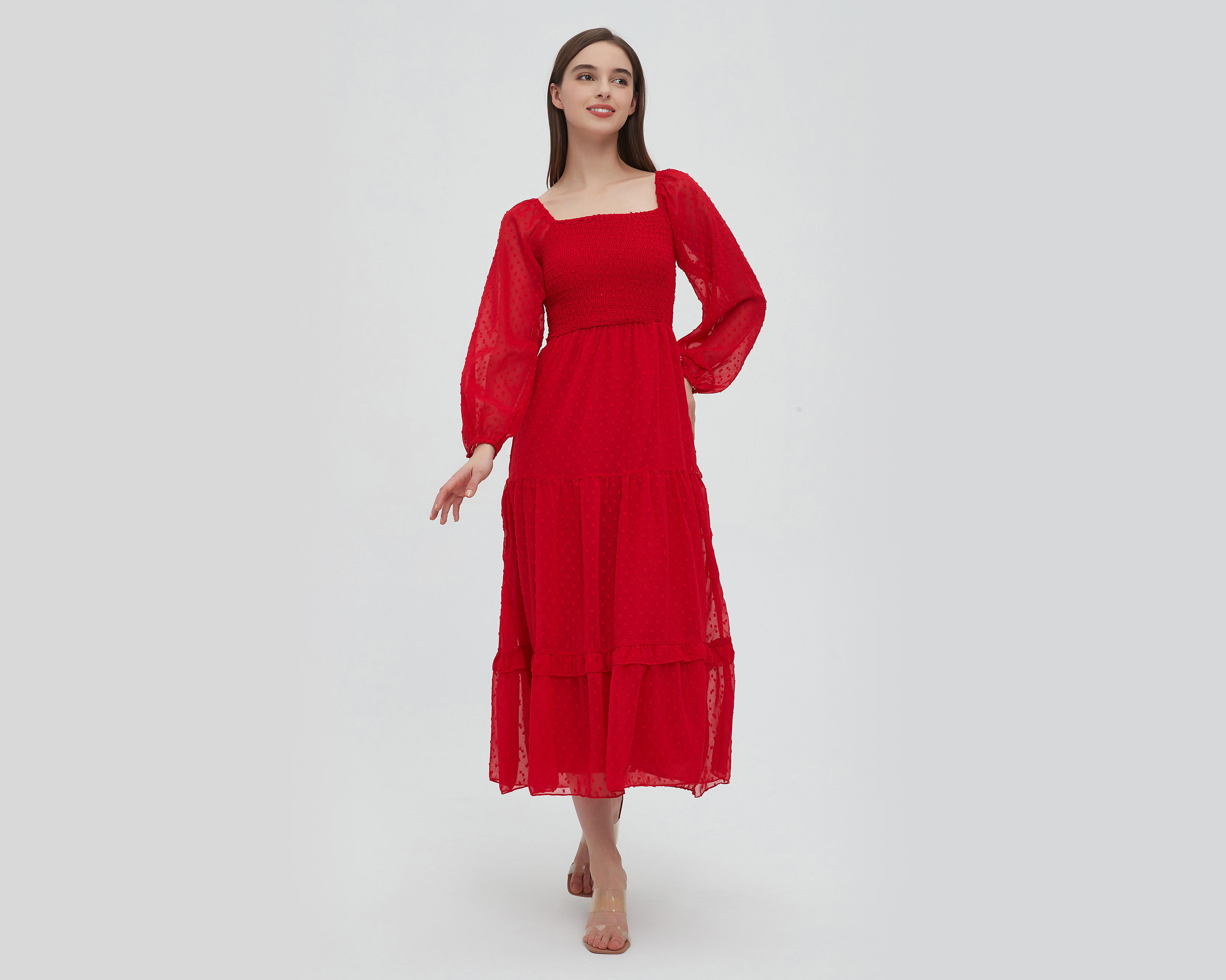 Foto 2 pulgar | Vestido Sahara Casual Rojo Manga Larga