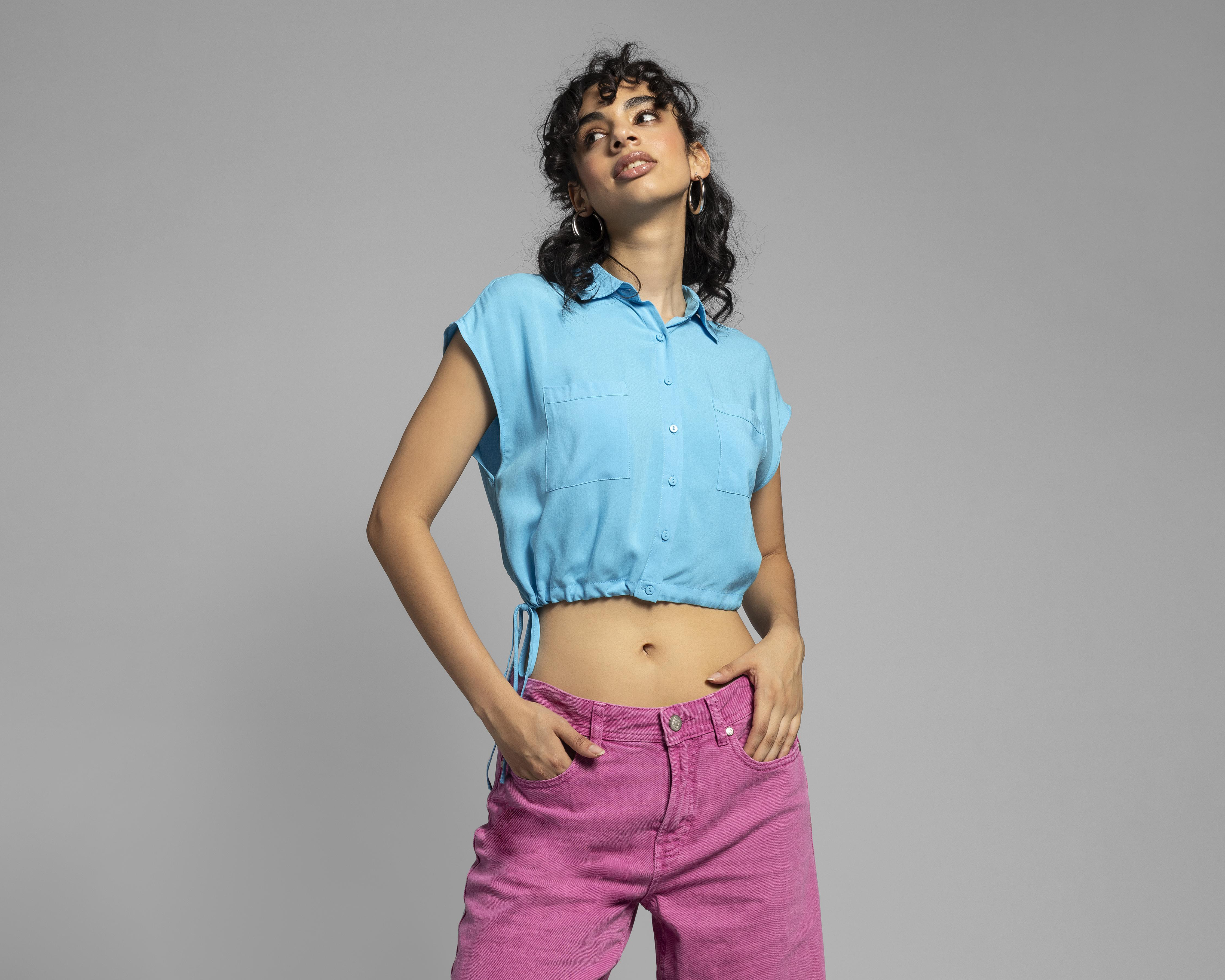 Foto 2 pulgar | Blusa Thinner Azul con Jareta