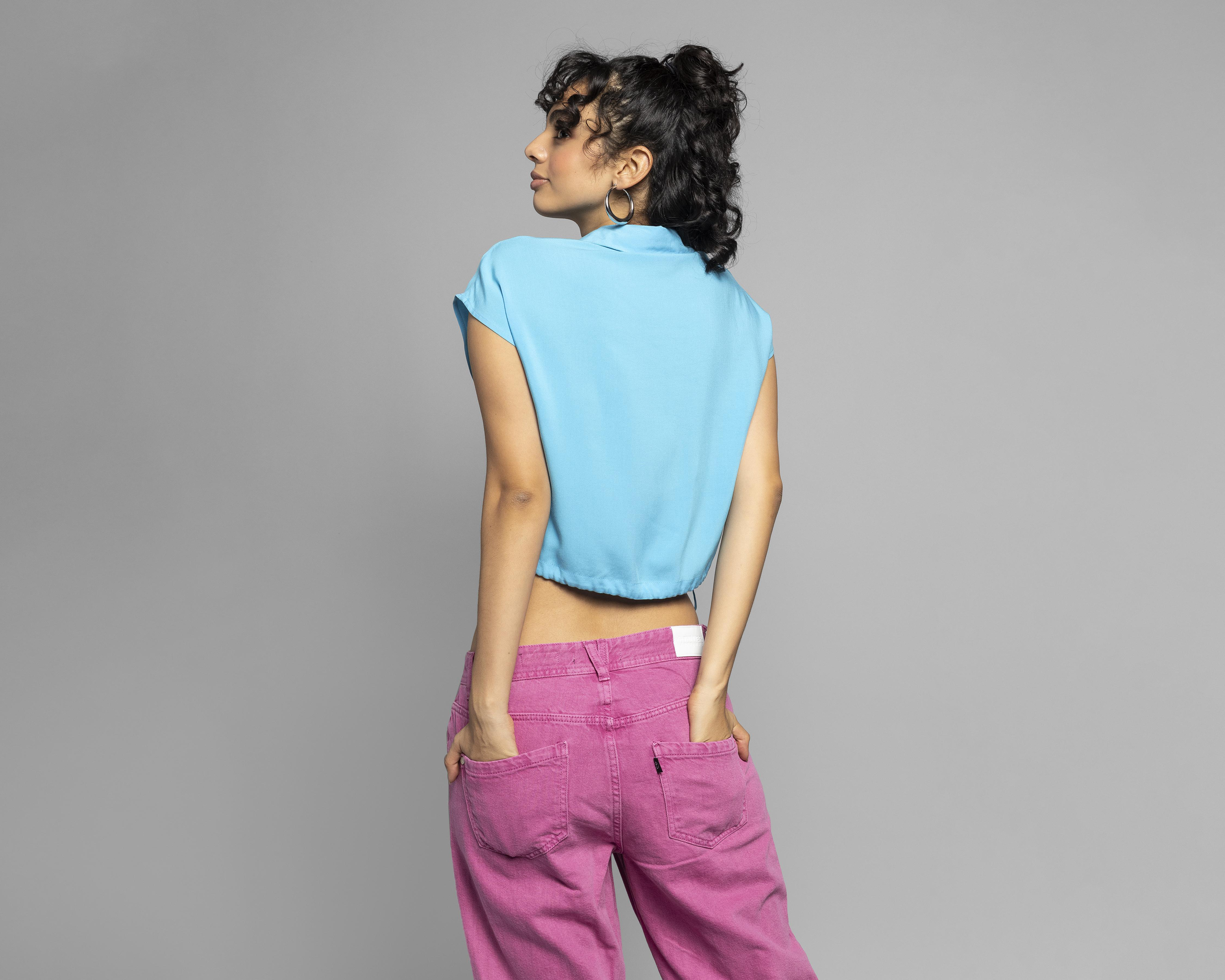 Foto 4 pulgar | Blusa Thinner Azul con Jareta