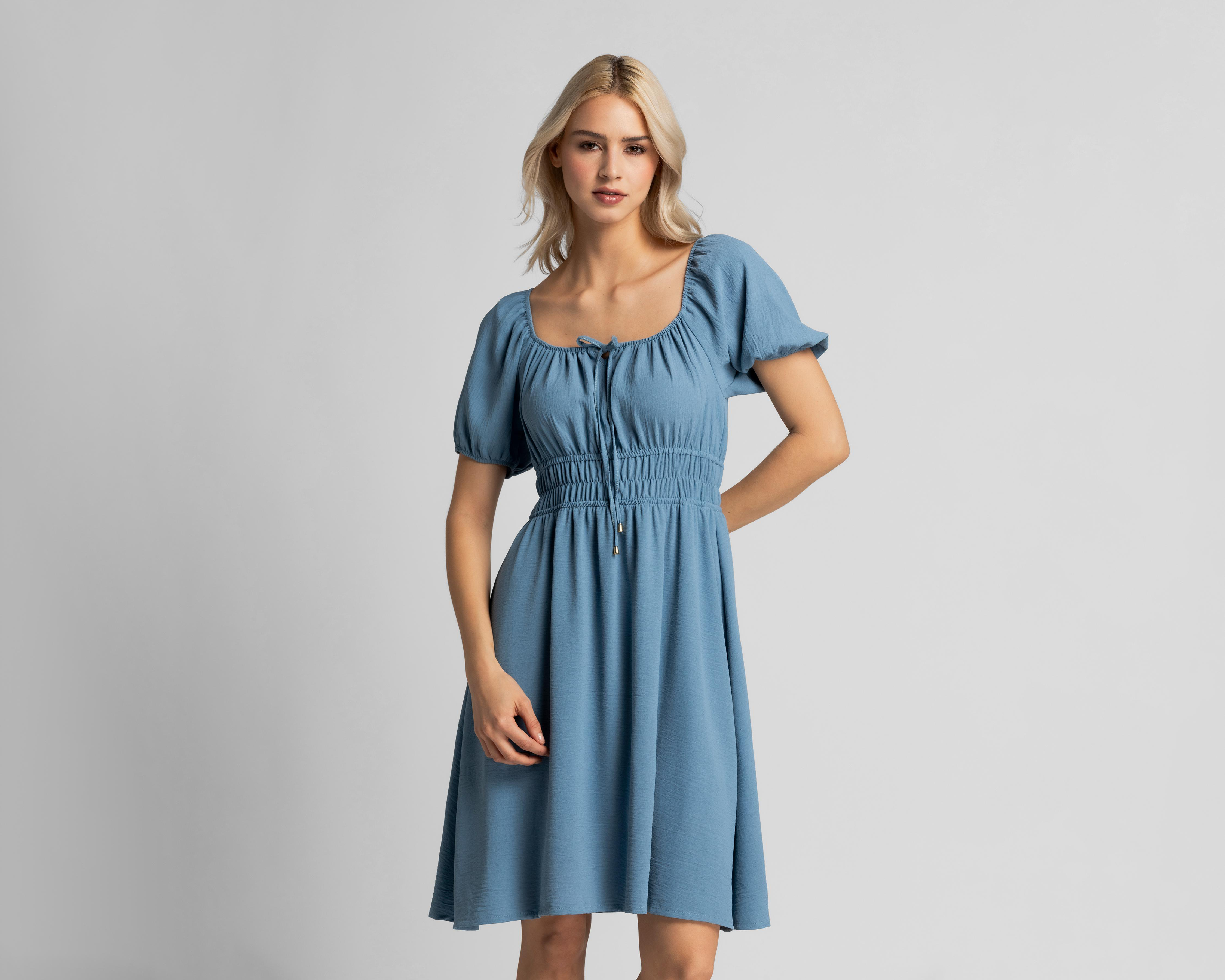 Vestido Casual Refill Manga Corta Midi Azul Juvenil $299