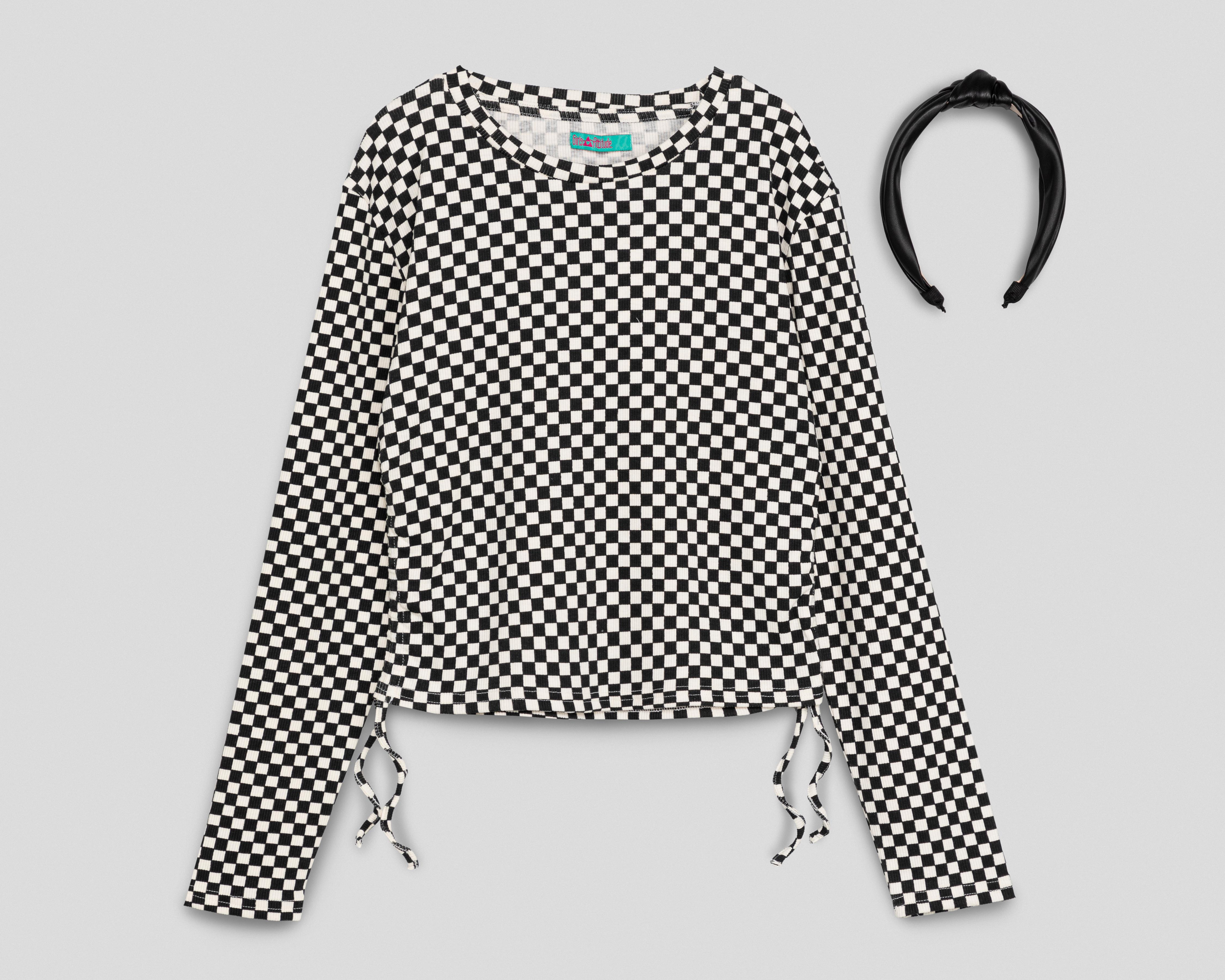 Playera Girls Attitude Manga Larga a Cuadros para Niña