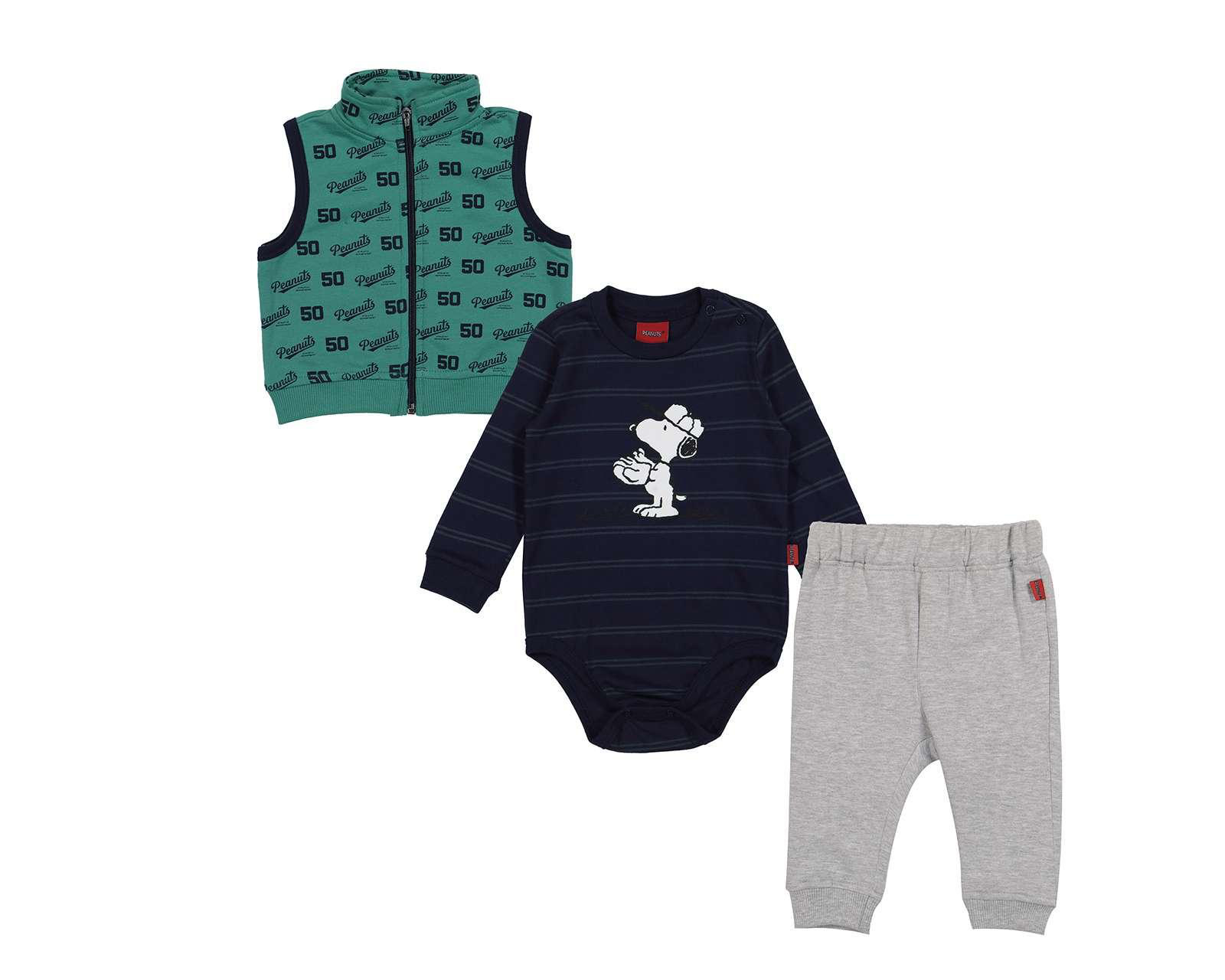 Conjunto con Chaleco Peanuts para Bebé Niño 3 Piezas