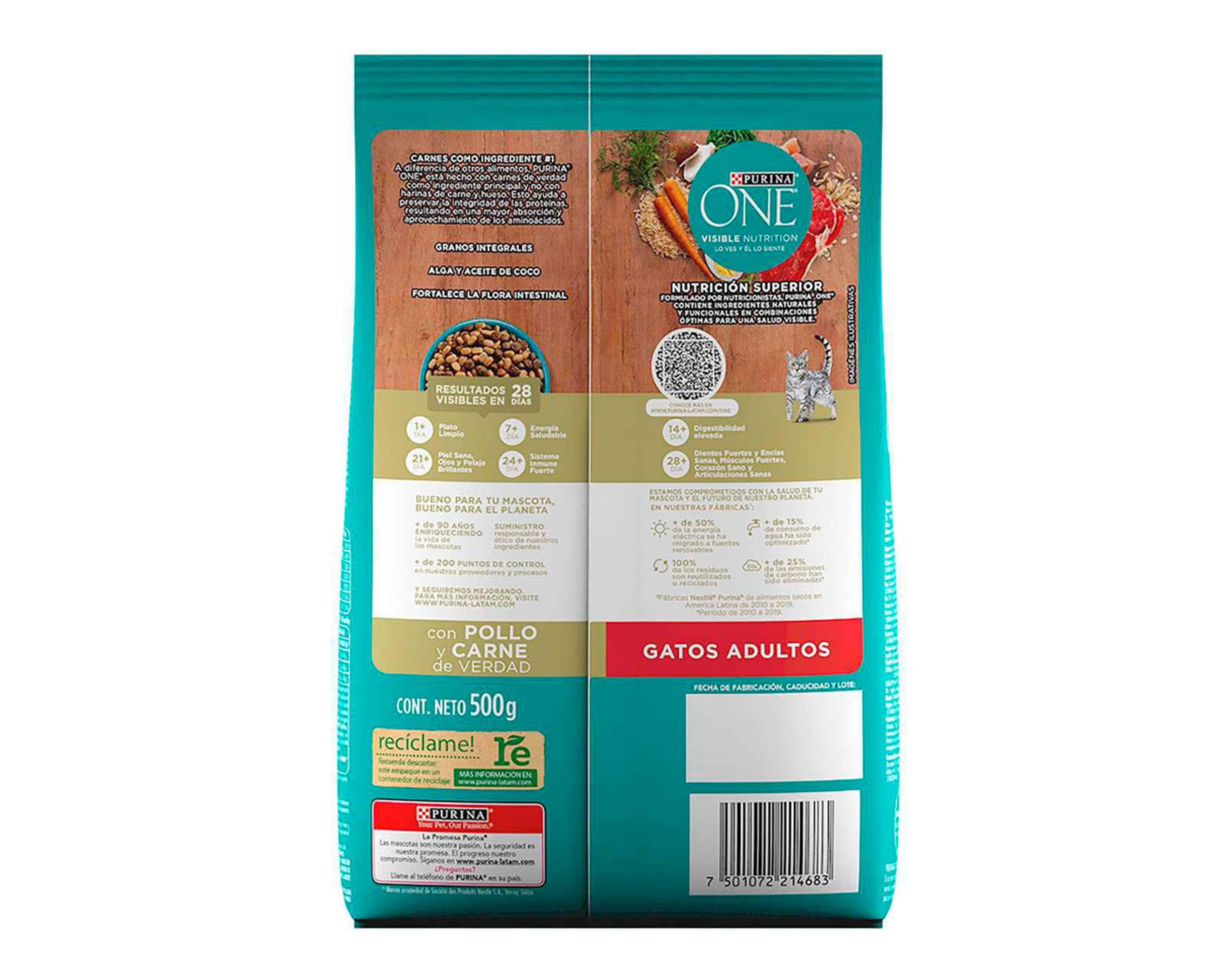 Foto 3 pulgar | Alimento para Gato Purina One Cat Adulto 500 g