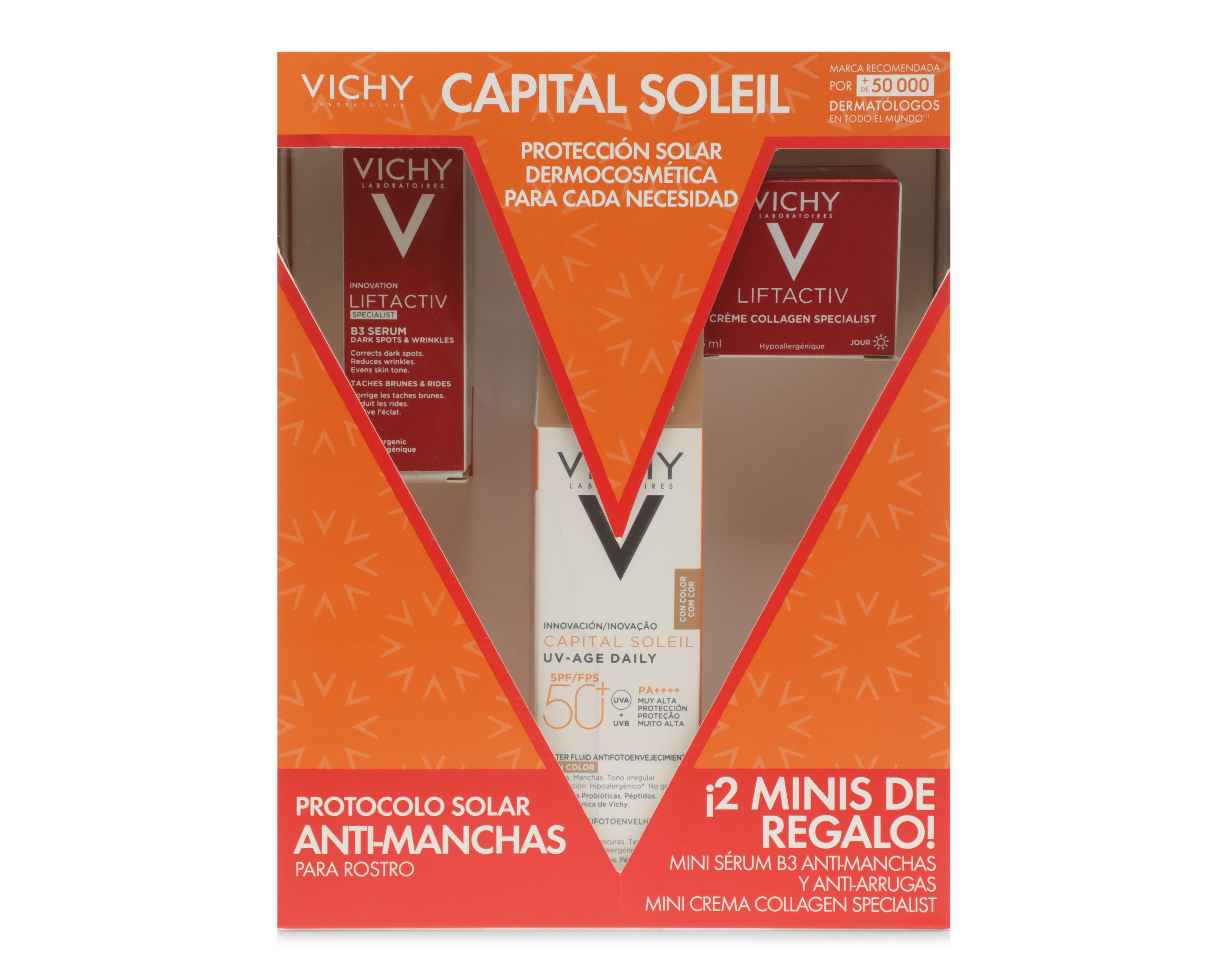 Protector Solar Vichy Capital Soleil SPF 50+ y Liftactiv B3 Sérum Antimanchas + Crema Colágeno Liftactiv