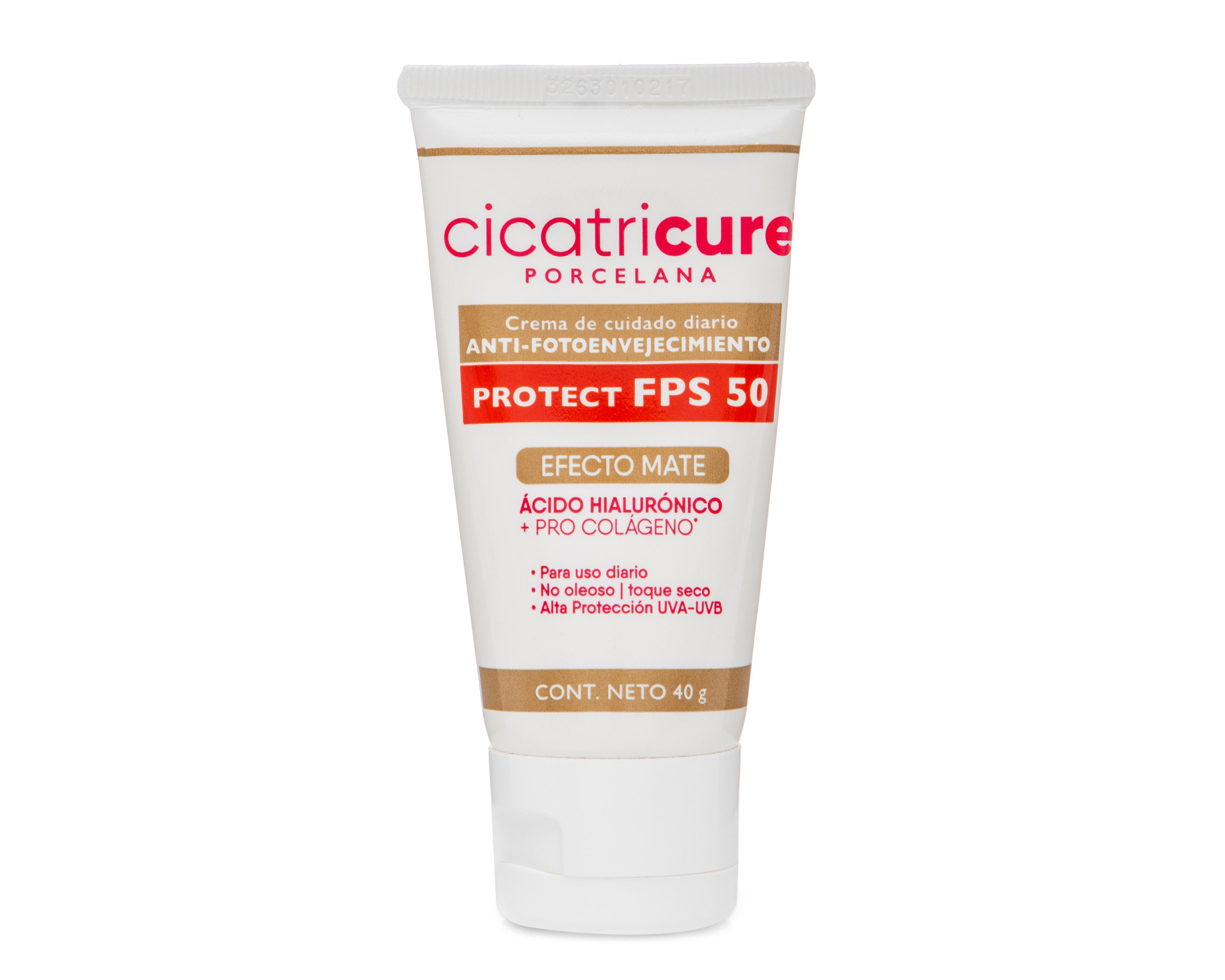 Protector Solar Cicatricure Porcelana con Ácido Hialurónico FPS 50+ 40 g