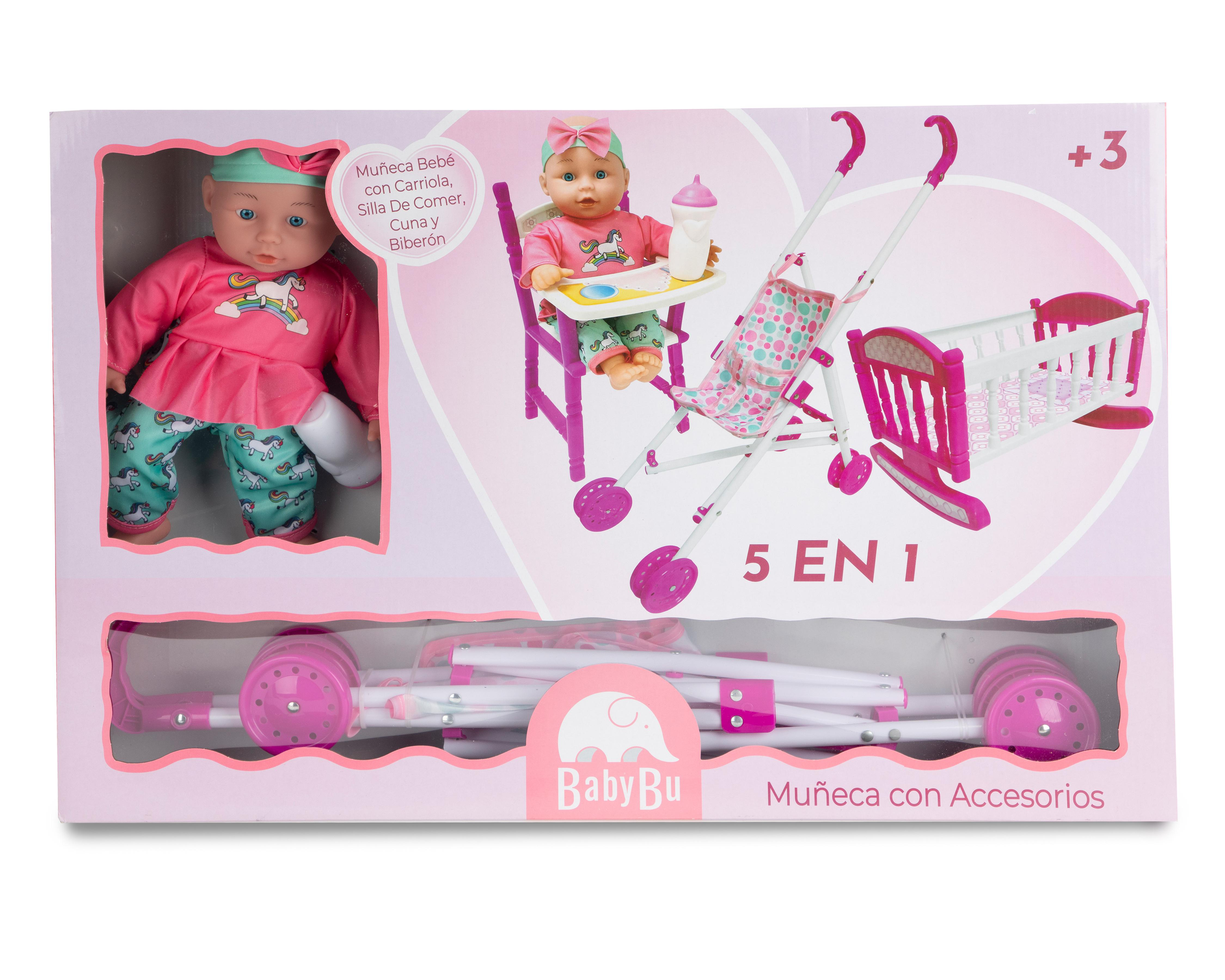 Muñeca Bebé con Carriola Baby Bu con Accesorios 5 en 1 $549