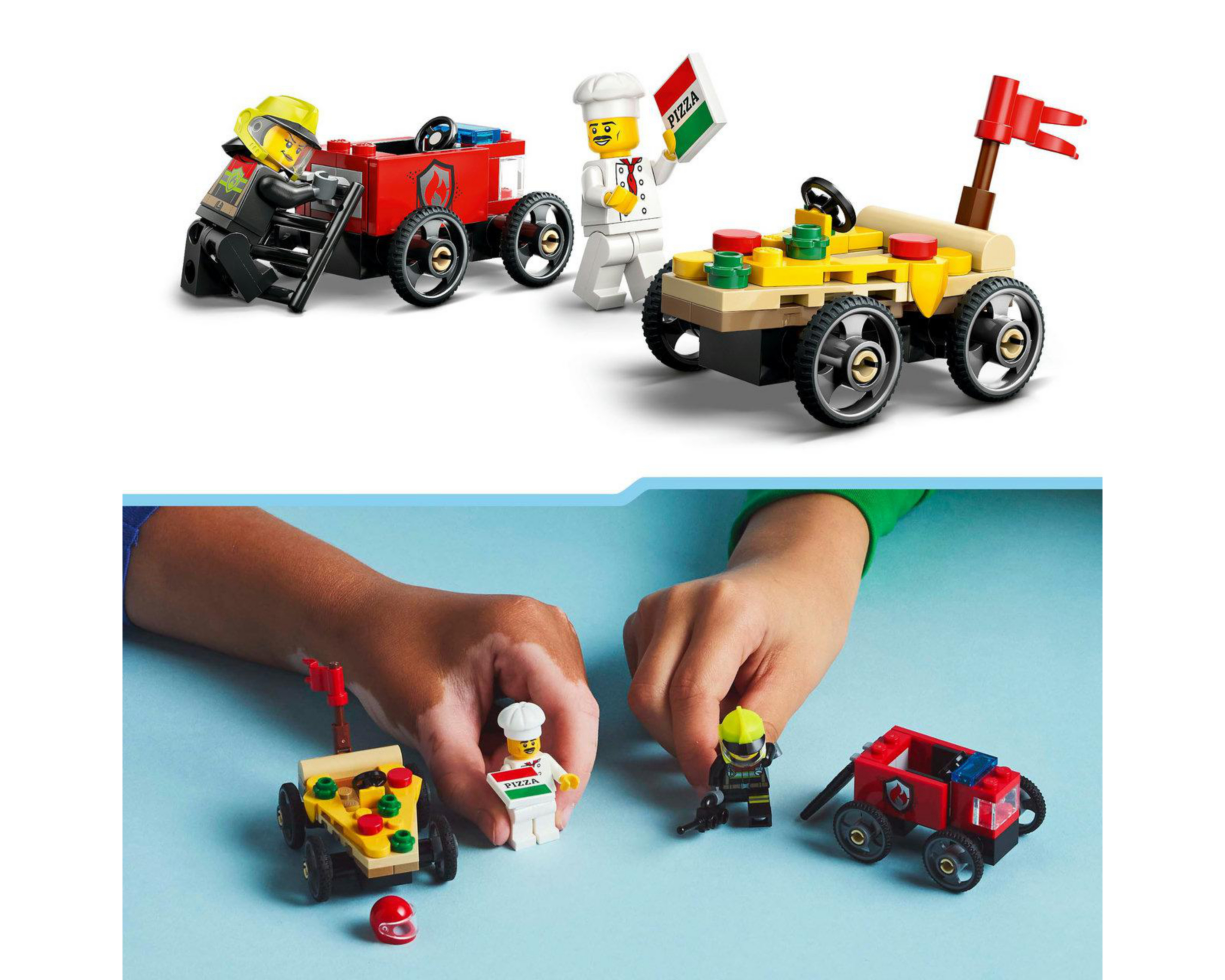 Foto 9 pulgar | LEGO City: Pack de Coches de Carreras Pizza vs Camión de Bomberos