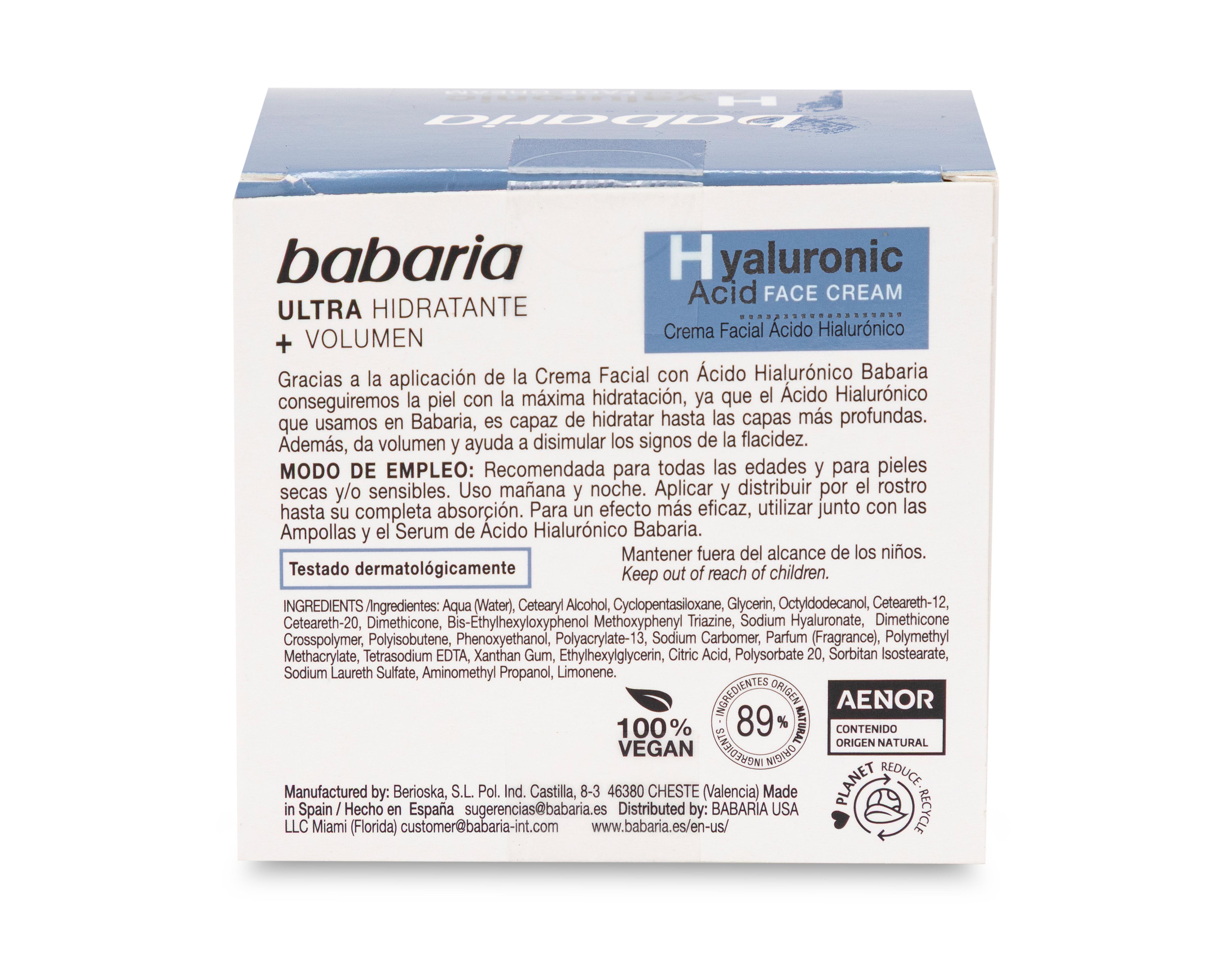 Foto 3 pulgar | Crema Facial Babaria con Ácido Hialurónico 50 ml