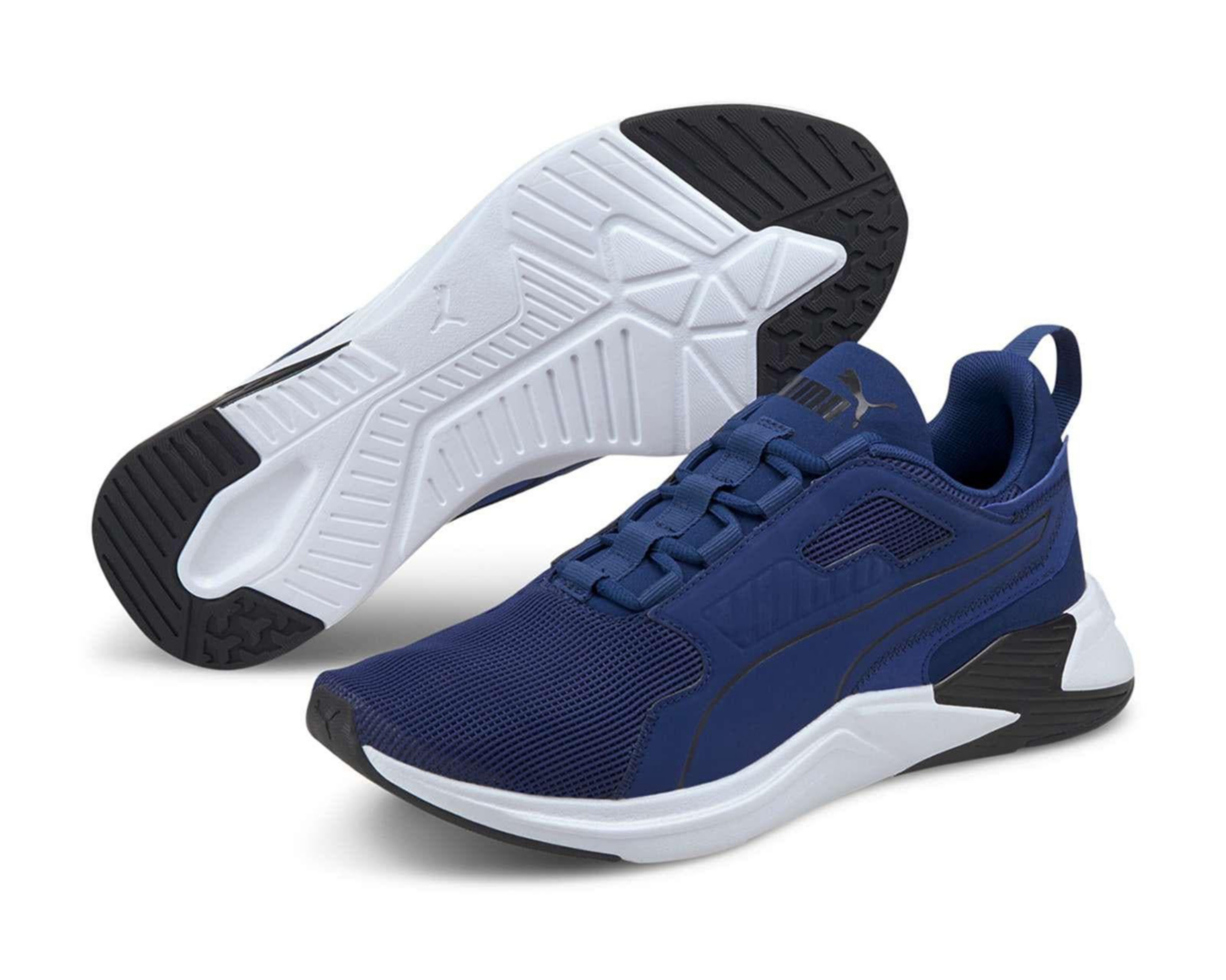 tenis puma grises con azul